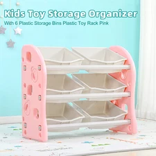 NEW Kids Toy Storage Organizer With 6 Plastic Storage Bins Plastic Toy Rack Pink
