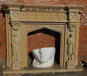 Gothic Style Fireplace Mantel And Surround Featuring 2 Figures