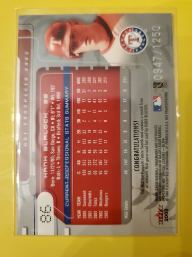 2003 Hot Prospects Bat #86 Hank Blalock FS 947/1250 - Texas Rangers - Picture 2 of 2