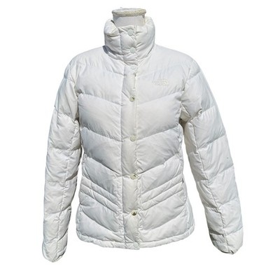The North Face 700 Down Puffer Jacket Womens Medium White Chevron Snap Coat