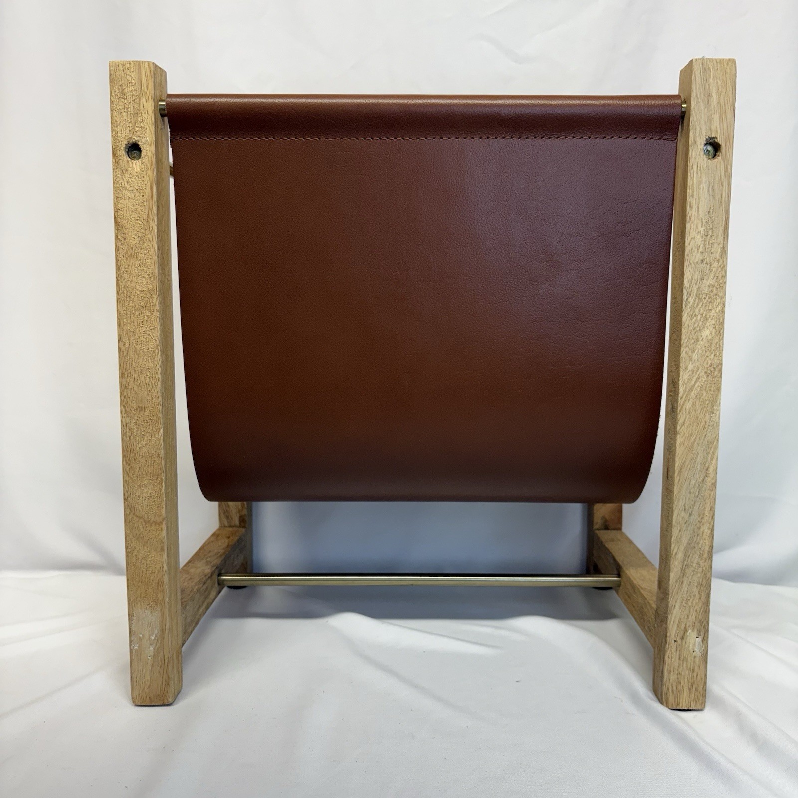 Threshold /Studio McGee Magazine Holder Natural Wood, Brown Leather, Brass EUC!