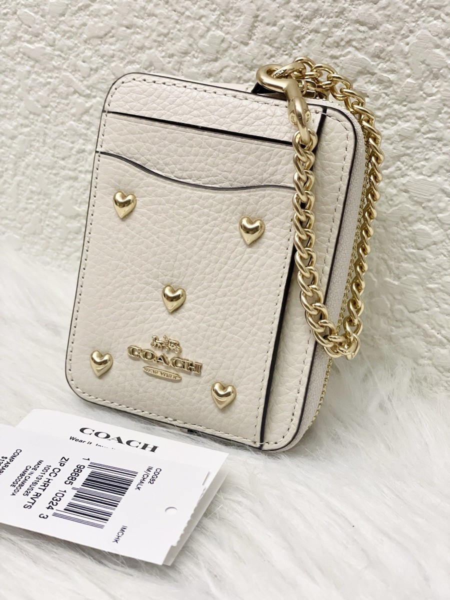 NWT Coach Zip Card Case In Signature Leather With Heart Charm