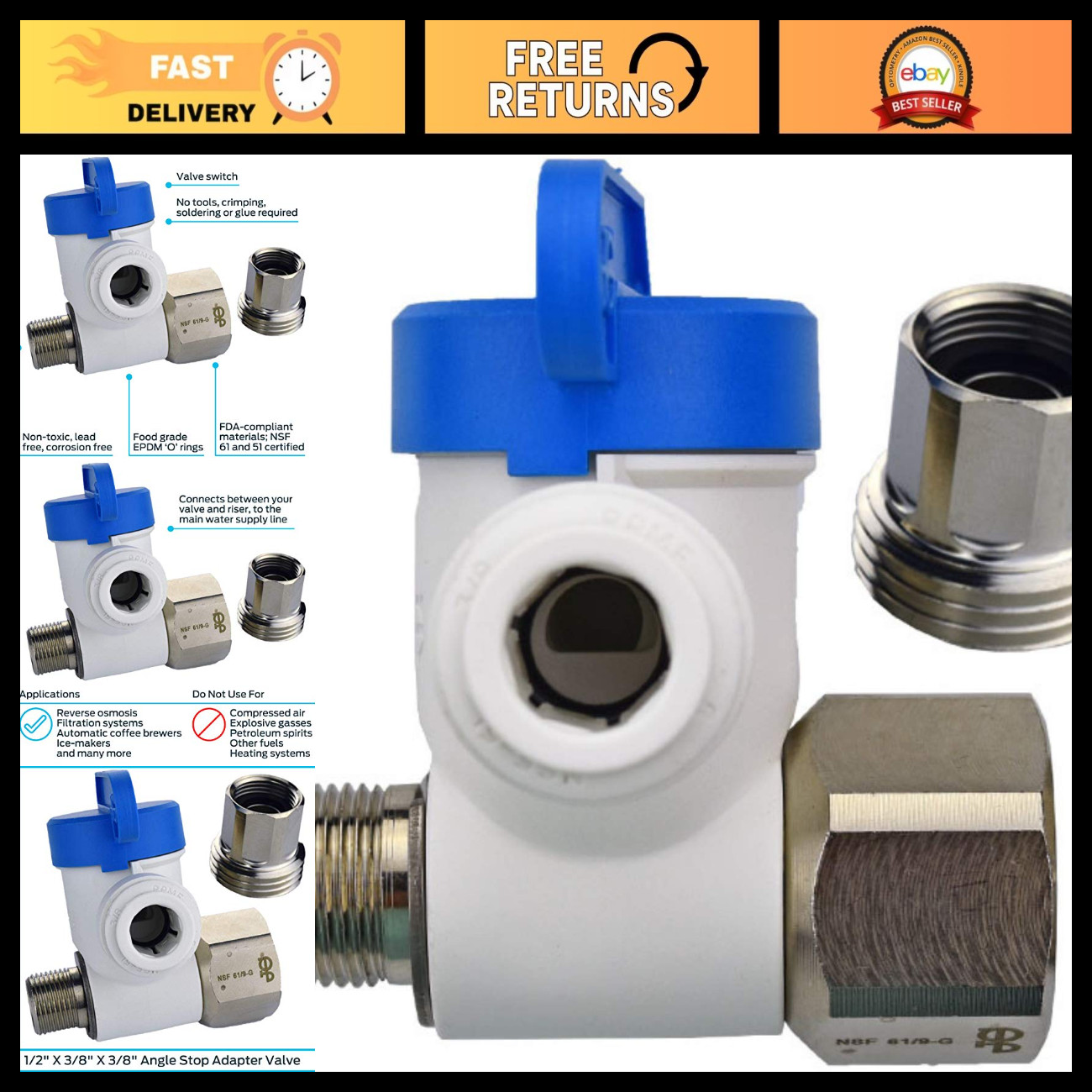 1/2" x 3/8" Angle Stop Adapter Valve - Push to Connect Plastic Plumbing Fitting