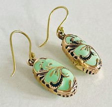 Antique Victorian Rococo Gold Plated Mint Green Enamel Double Sided Earrings