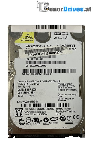 Western Digital WD1600BEVT-22ZCT0 - 160 GB - SATA - Pcb. 2060-701499-000 Rev. A*