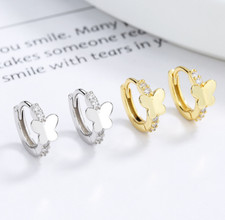 Women 925 Sterling Silver Butterfly CZ Huggie Hoop Earrings 0.5inch Gift Box L23