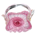 Vtg MCM Pink Murano Glass Basket Leaf Handle Gold Specks Swirl Controlled Bubble