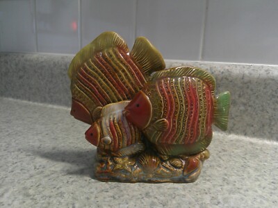 Ceramic Glazed Stoneware Pottery Art Fish Figurine Statue-6x5x3 Olive Green Rust