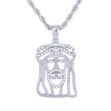 Mens Silver Plated Iced Bling CZ Jesus Pendant 20 inch Rope Chain Hip Hop M143 S