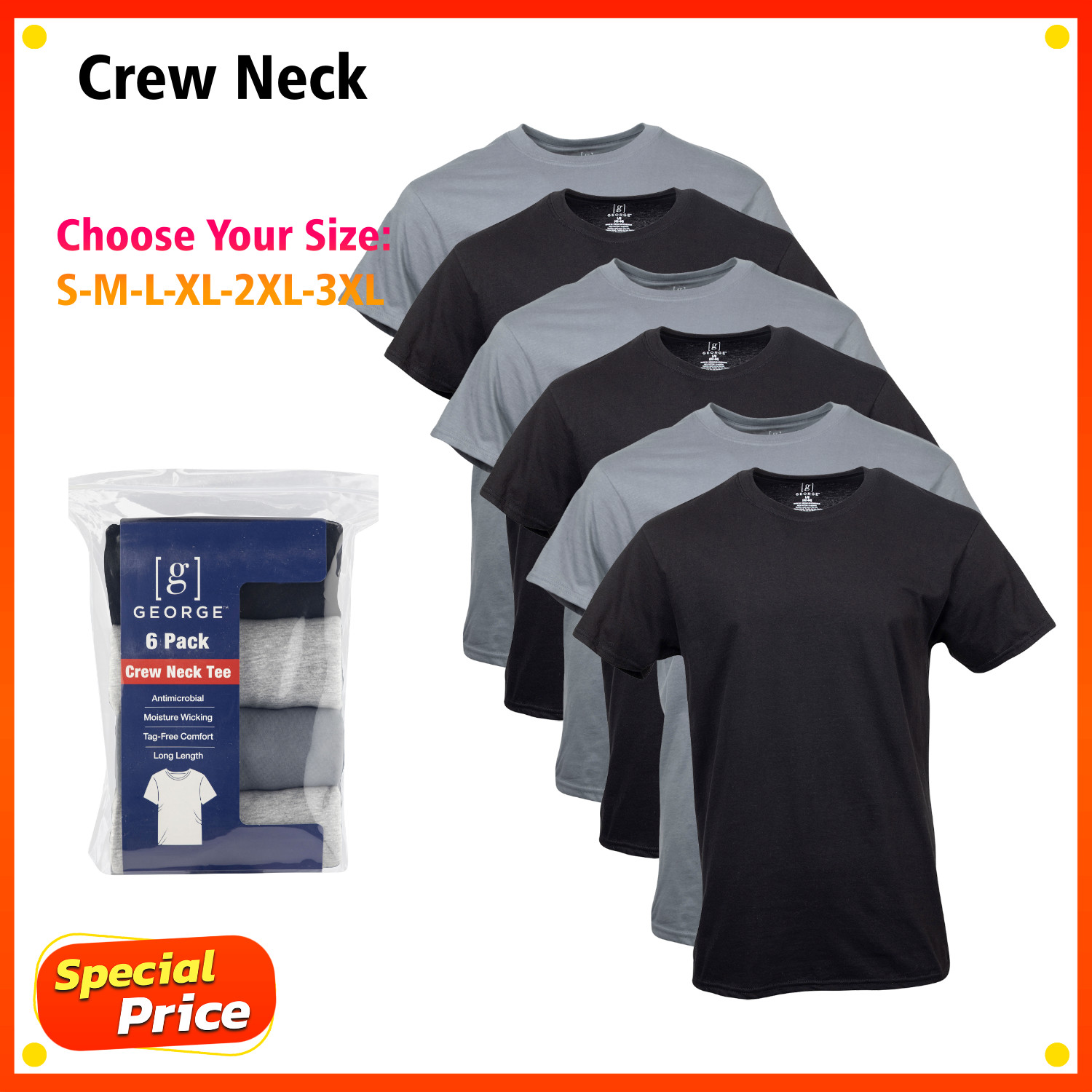 George Men's Assorted Crew T-Shirts, 6-Pack