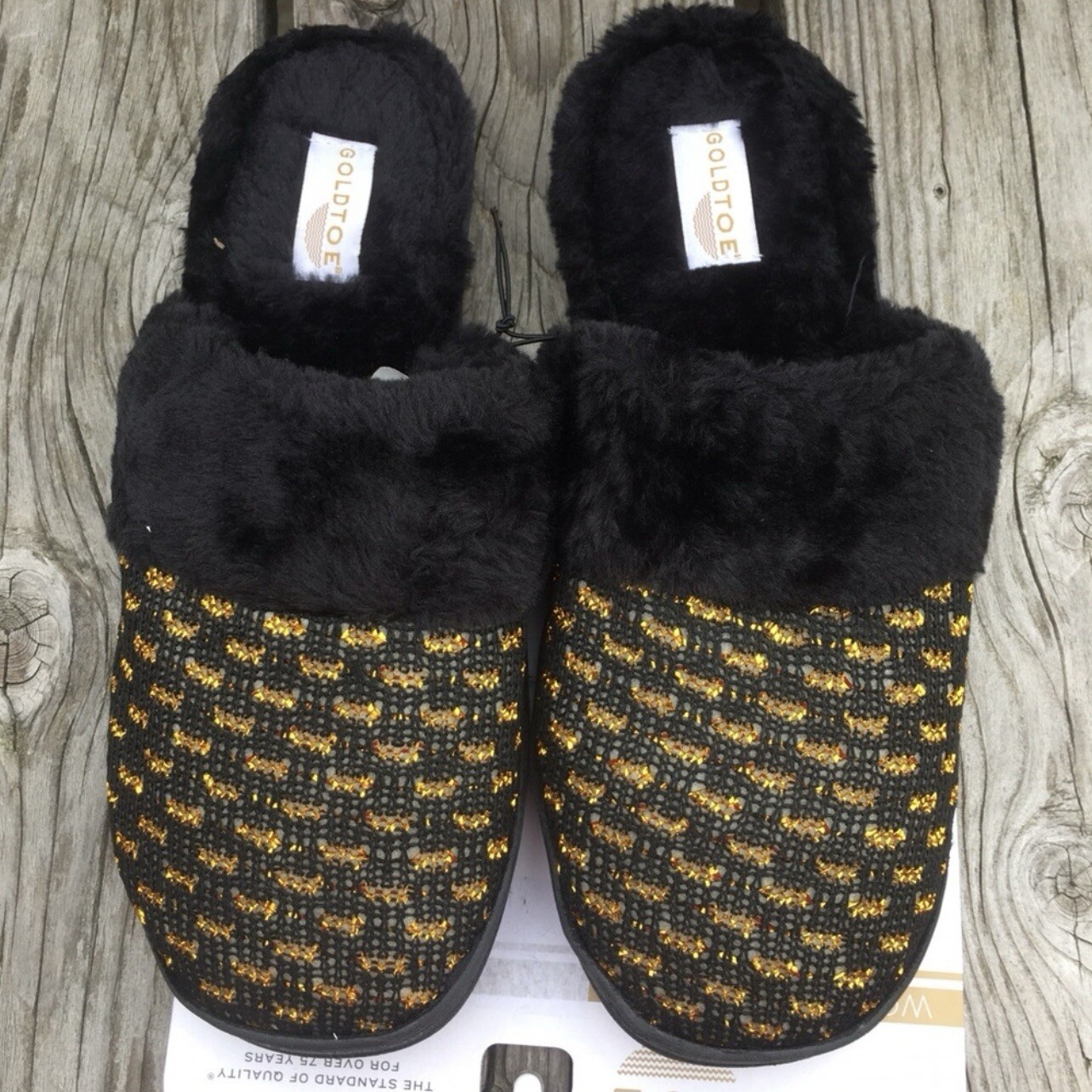 PANTOFOLA D’ORO Pantofole mulo in pelliccia nera metallizzata punta oro TG XL! NUOVO!