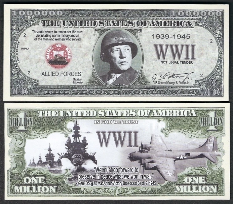 new World War II WW2 Million Dollar Bill Funny Money Novelty Note + FREE SLEEVE
