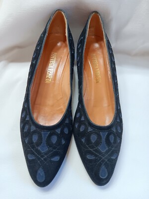 Vtg Bottega Veneta Suede Low Heel Pumps 7.5 Black Blue Italy Retro 80s 90s