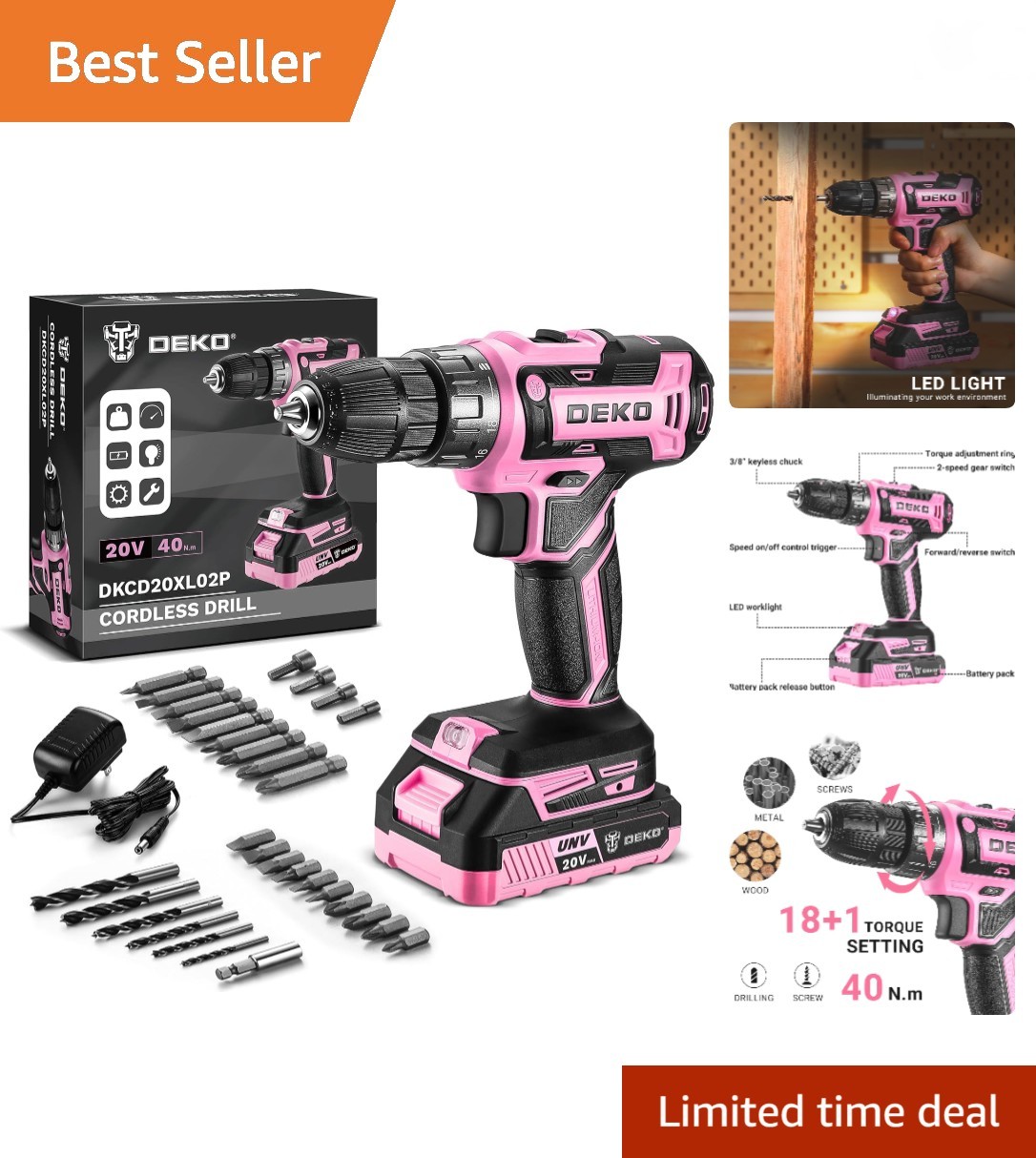 Cordless: 's Pink Cordless Drill 20v Electric Power Drill Se