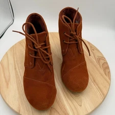 Toms Boots Womens 8 Rust Brown Lace Up Suede Wedge Heel Ankle Round Toe Boho