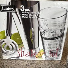 Libby 3 Pc Shaker Set-1 Mixing  Glass W/ Etched Recipes, Metal Shaker & Strainer