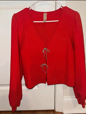 Dolan Women s Red Cropped V-Neck Long Sleeve Blouse Front Tie Bow Size M