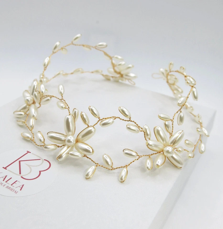 Gold Wire Headband, Bridal Pearl Head Wreath, Wedding Oval Pearl Hair Vine Tiara - Image 4 of 4
