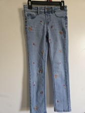 Girls Light Blue Embroidered Floral Straight Denim Jeans Button Zip Mid Rise