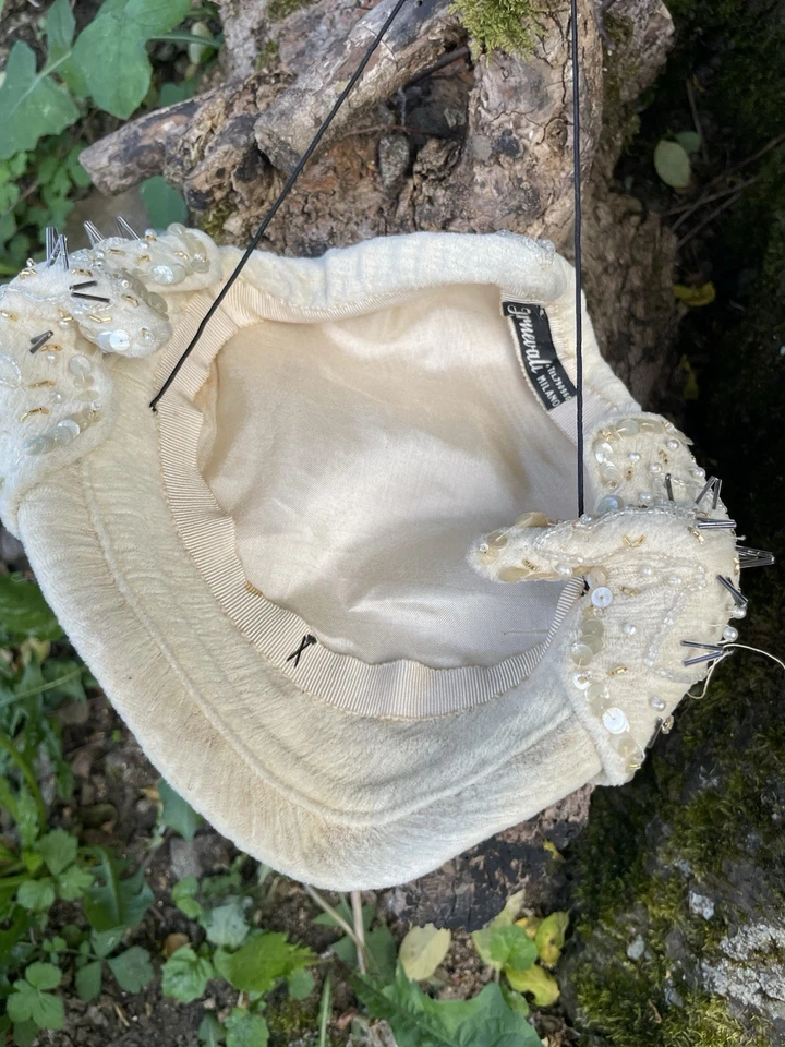 Sombrero de Colección Años 50 Milán Alta Costura con Cuentas Gorra Marfil con Lentejuelas Perlas Talla Única Foto 4 de 4