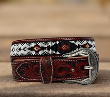 Beaded Western Belt Cowboy Rodeo Full Grain Leather Hand Tooled Removable Buckle