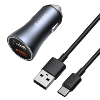 Car Quick Charger 40W 12-24V 2xUSB; USB-C 1m Cable , Dark Gray, Baseus