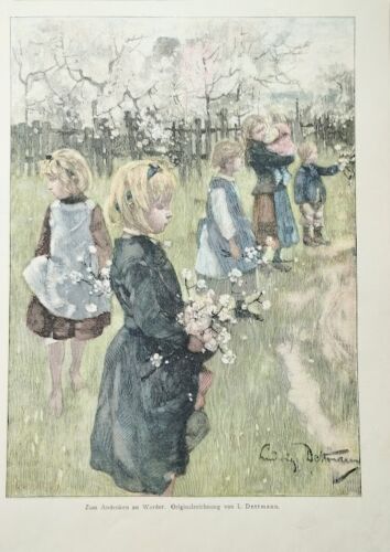 Holzstich Color Zum Andenken an Werder Kinder Blumen Trauer  Dettmann ca 1890 - Bild 1 von 1