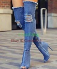 Womens Ripped Hole Jean Denim Over Knee Boot Sandal High Heel New Stiletto Shoes