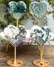 Wholesale Lot 4 Pcs Natural Moss Agate Heart Crystal W/stand Healing