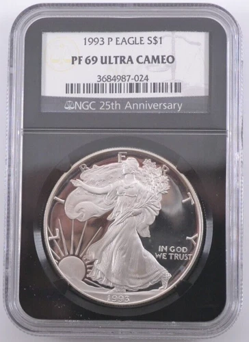 1993 P Proof Silver American Eagle NGC PF 69 Ultra Cameo NGC 25th Anniversary