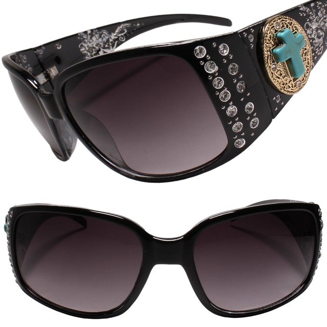 Cross Emblem Rhinestone Western Bling Cowgirl Style Womens Black Gold