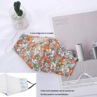 Floral Triple Layers Cotton Face Mask Nose Bridge Wire Breathable ...