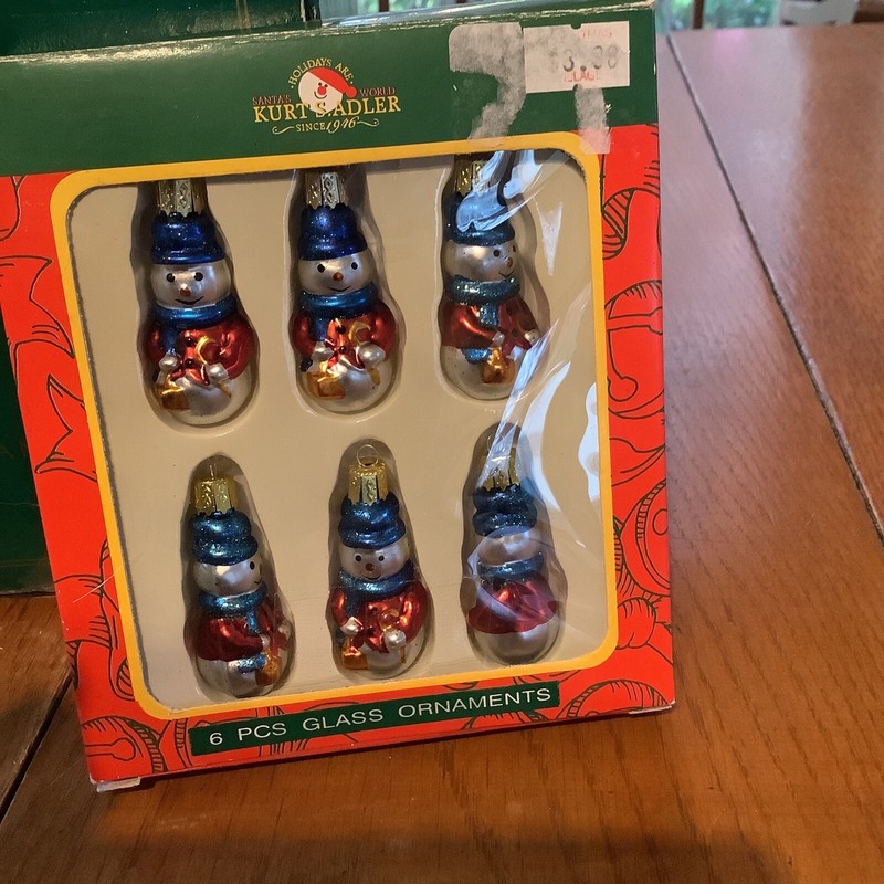Kurt Adler Mini Snowman Glass Ornaments Christmas 2” Set Of 6 Silver Red Blue