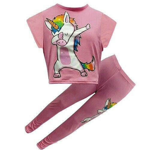 Dabbing Floss Girls Rainbow Unicorn Hooded top or Crop top Legging Set - Picture 5 of 15