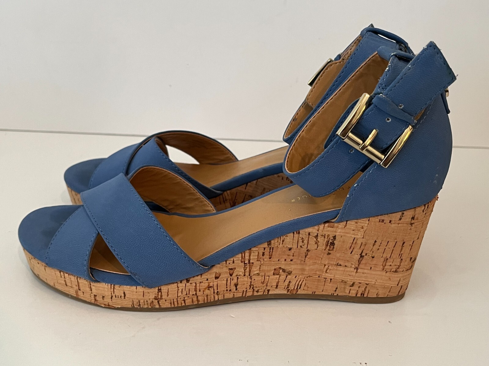 TOMMY HILFIGER Platform Cork Wedge Faux Blue Suede Heels Sandals ~ Women's 7.5M thumbnail 4