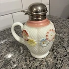 Antique Consolidated Glass Cosmos White Milk Glass Floral Syrup Pitcher