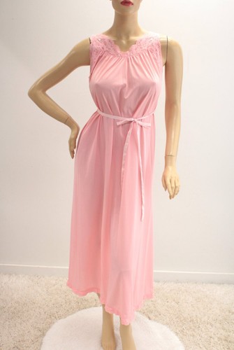Vintage Long Nightgown Shadowline Small  Pink Nylon Embroidered rosebuds Lace