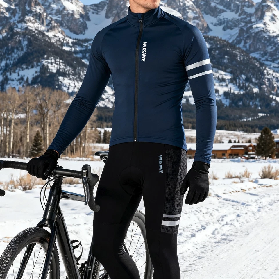 WOSAWE Men Winter Thermal Fleece Cycling Jacket Tight Sets Reflective Sportswear - Image 4 of 4