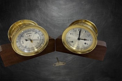 Howard Miller 5'' Brass Ships Clock & Barometer on Stands With Key Working!