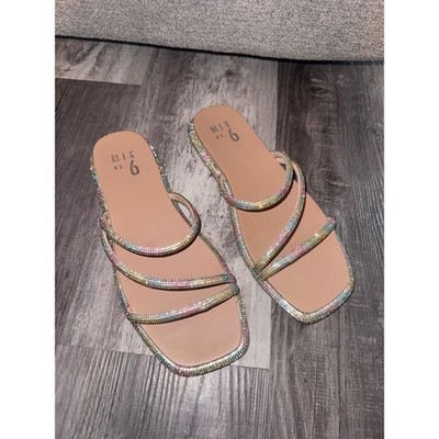 Mix No. 6 Moira Rainbow Rhinestone Slide Sandals Square Toe Flat Multi Strap 8M
