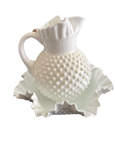 Vintage Fenton Hobnail White Milk Glass Large Bowl and Pitcher