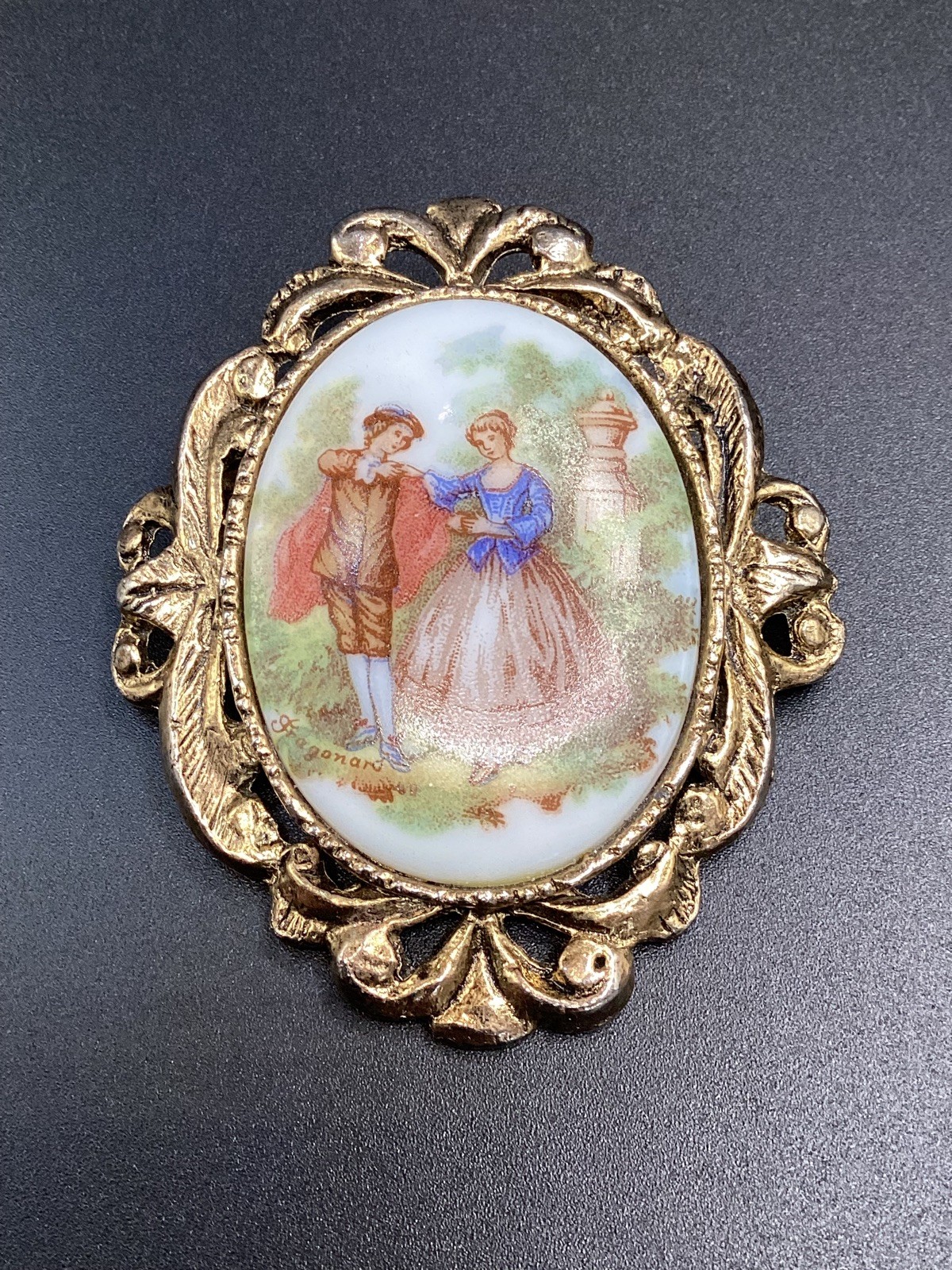 Vintage Porcelain Romantic Scene Courting Couple Brooch Pin Signed Fragonard