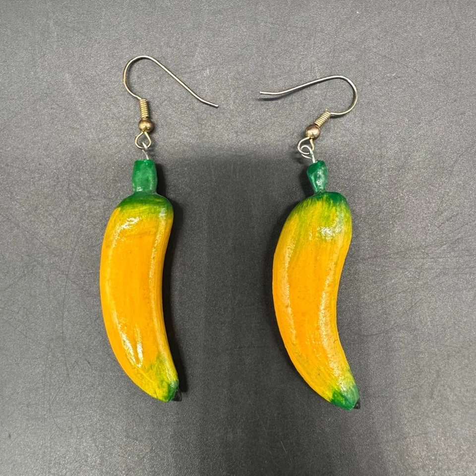 Banana Earrings Wooden Tropical Fruit Dangle Drop Yellow Kitschy Funky Beach - Image 4 of 4
