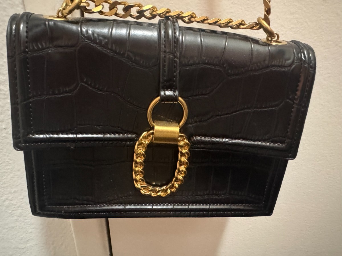 Zara Black Croc Embossed Shoulder Evening Bag With Gold Chain