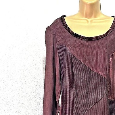 Sacred Threads Patchwork Dress M Brown Velvet Trim Indie Peasant Prairie Rustic