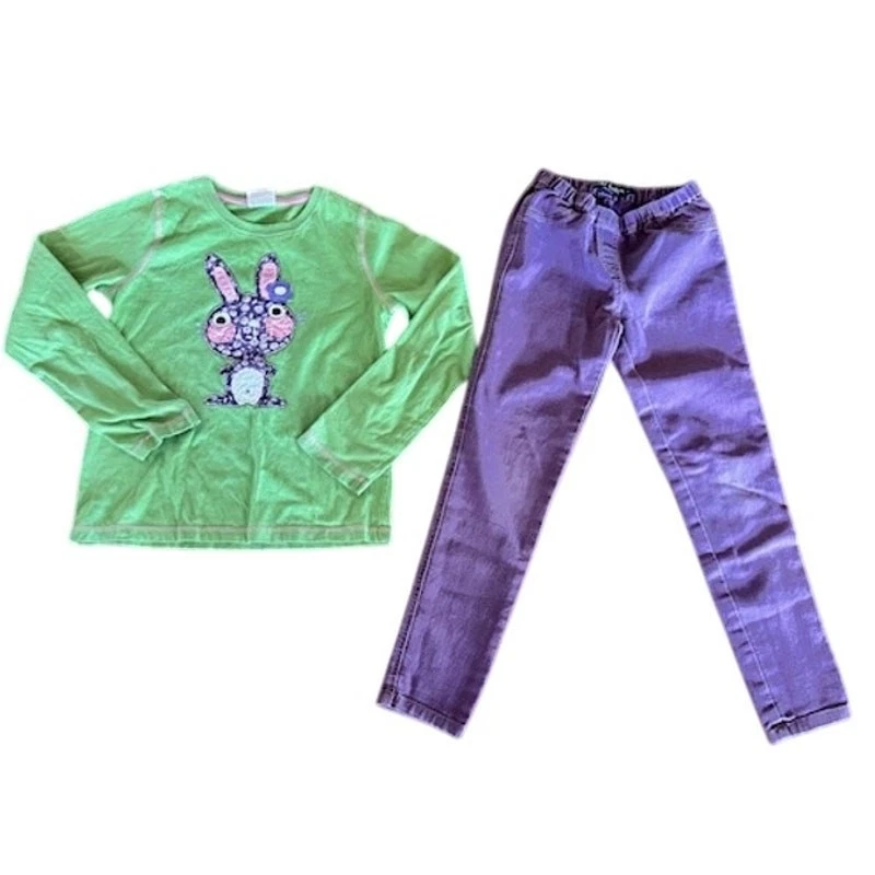 Conjunto de 2 piezas Mini Boden para niñas - Top con apliques de conejito de 9-10 años + pantalones morados de 9 años Foto 2 de 4