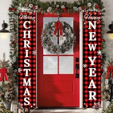 Merry Christmas Happy New Year Banner Red Black Buffalo Plaid 2 Pk