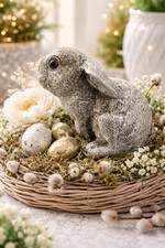 Schöner Deko-Hase, Farbe grau/gold, glitzernd, sitzend