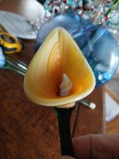 Murano Style Long Stem Hand Blown White Yellow Calla Lily Art Glass Flower 10"