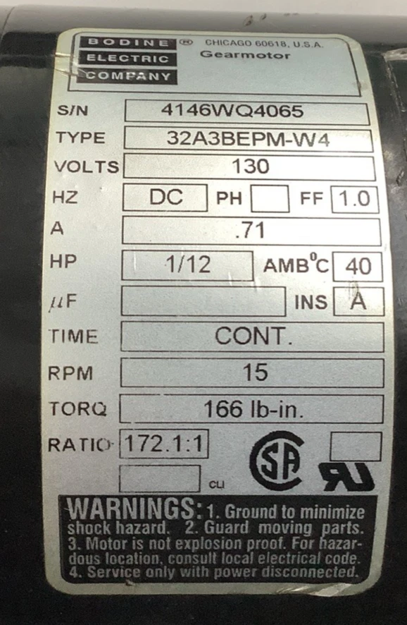 Bodine Electric 32A3BEPM-W4 DC Gearmotor 130V 1/12HP 172.1:1 Ratio (B495) - Image 4 of 4